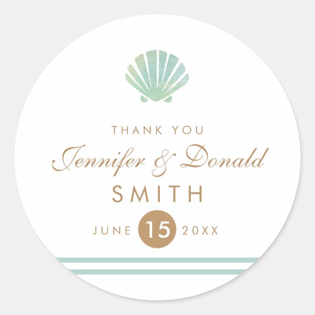 Shell Watercolor Aqua Wedding Favor Sticker (Front)