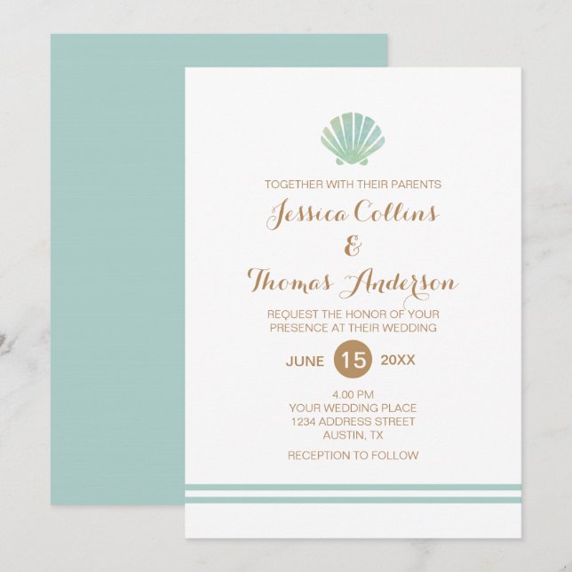 Shell Watercolor Aqua Wedding Invitation Card (Front/Back)