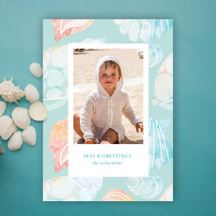 Shell Watercolor Seas And Greetings Holiday Card