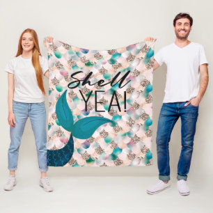 Shell Yea Teal & Gold Glam Mermaid Tail & Scales Fleece Blanket
