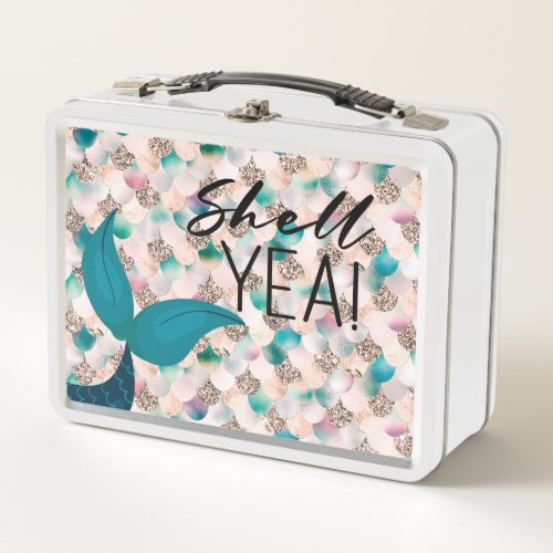 Shell Yea Teal  Gold Glam Mermaid Tail  Scales Metal Lunch Box