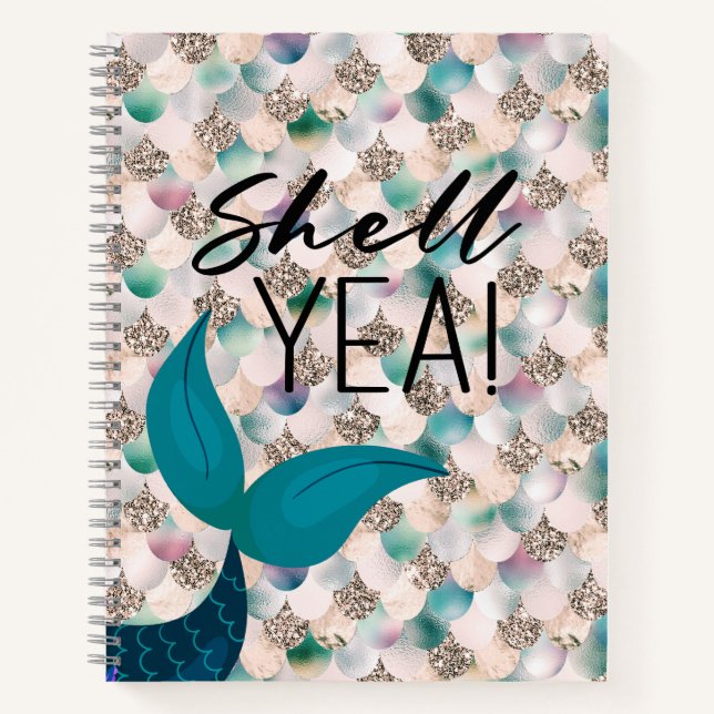 Shell Yea Teal & Gold Glam Mermaid Tail & Scales Notebook (Front)