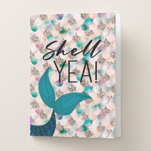 Shell Yea Teal  Gold Glam Mermaid Tail  Scales Pocket Folder