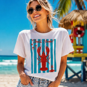 "Shell Yeah" Funny Red Lobster Beach Stripes T-Shi T-Shirt