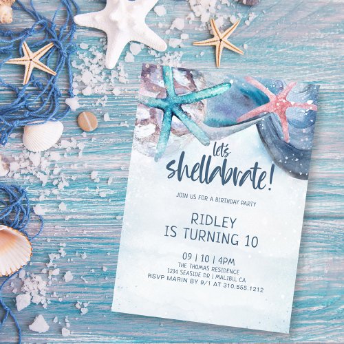 Shellabration  Beach Starfish Seashells Birthday Invitation