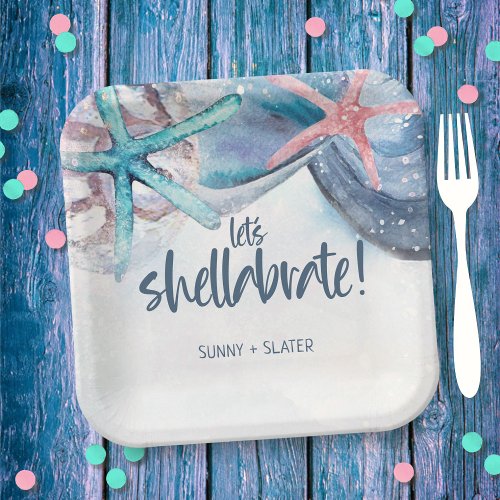 Shellabration  Watercolor Beach Starfish Seashell Paper Plates