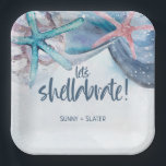 Shellabration | Watercolor Beach Starfish Seashell Paper Plates<br><div class="desc">Beach theme paper plates feature watercolor starfish seashells with a "let's shellabrate" caption in slate blue handwriting script. Perfect for weddings,  showers,  anniversary and special occasions. Art by KL Stock</div>