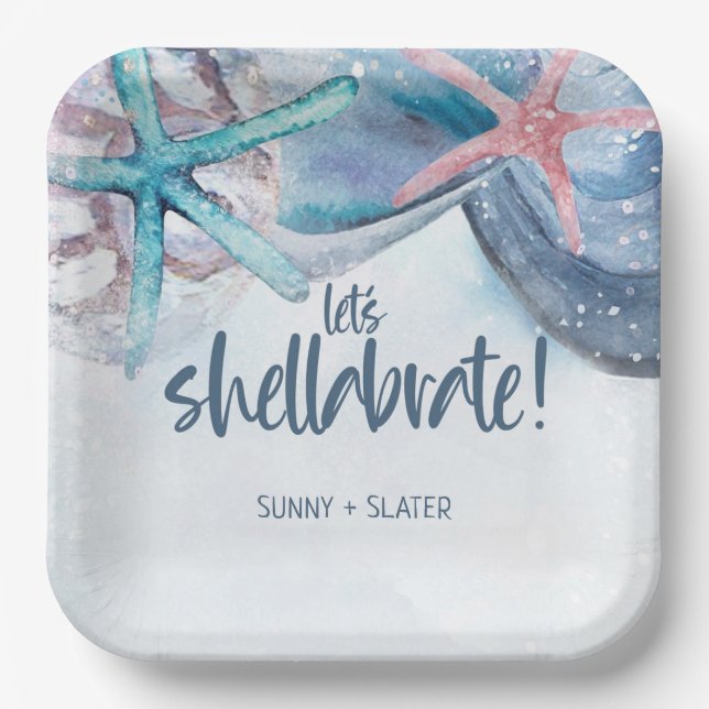 Shellabration | Watercolor Beach Starfish Seashell Paper Plates (Front)