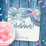 Shellabration | Watercolor Beach Starfish Seashell Square Paper Coaster<br><div class="desc">Beach theme paper drink coasters feature watercolor starfish seashells with a "let's shellabrate" caption in slate blue handwriting script and an additional line of text that can be personalized.  Art by KL Stock</div>
