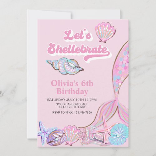 Shellebrate Seashell and mermaid Birthday Invitation