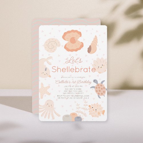 Shellebrate Seashell Creatures Pink 1st Birthday Invitation