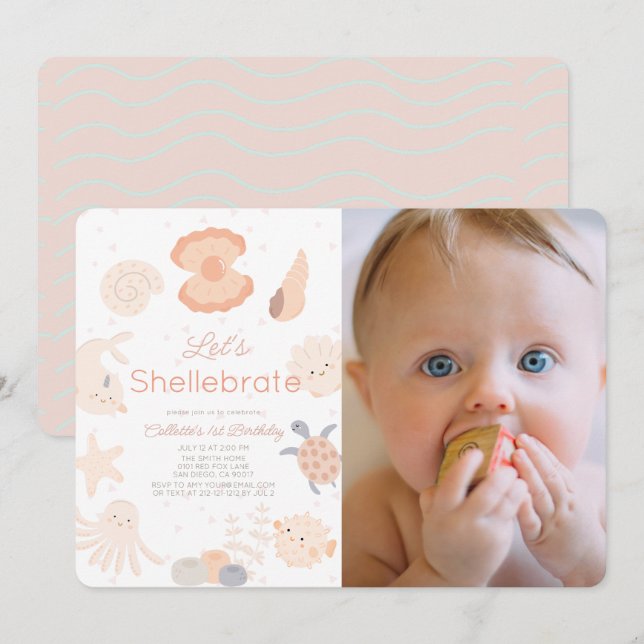 Shellebrate Seashell Pink 1st Birthday Photo Invitation (Front/Back)