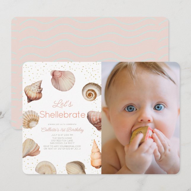 Shellebrate Seashell Realistic 1st Birthday Photo Invitation (Front/Back)