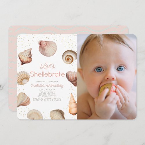 Shellebrate Seashell Realistic 1st Birthday Photo Invitation