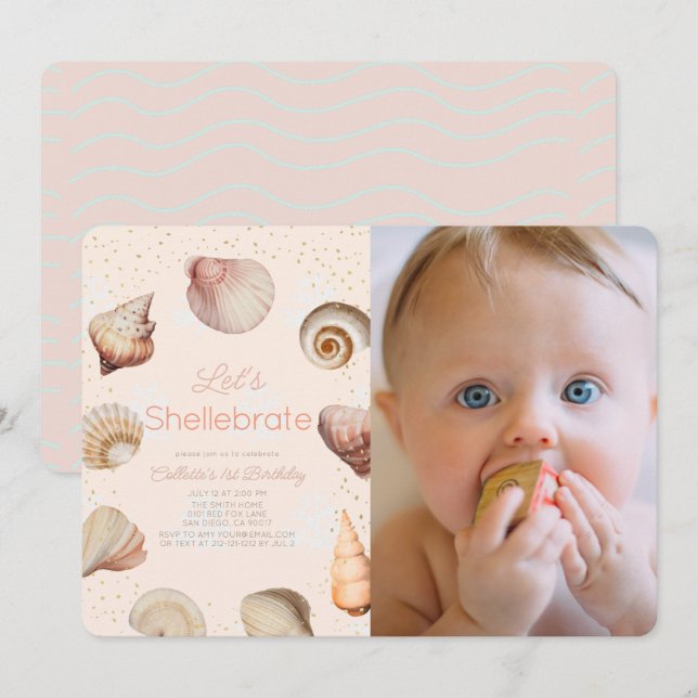 Shellebrate Seashell Realistic 1st Birthday Photo Invitation (Front/Back)