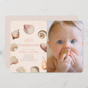 Shellebrate Seashell Realistic 1st Birthday Photo Invitation