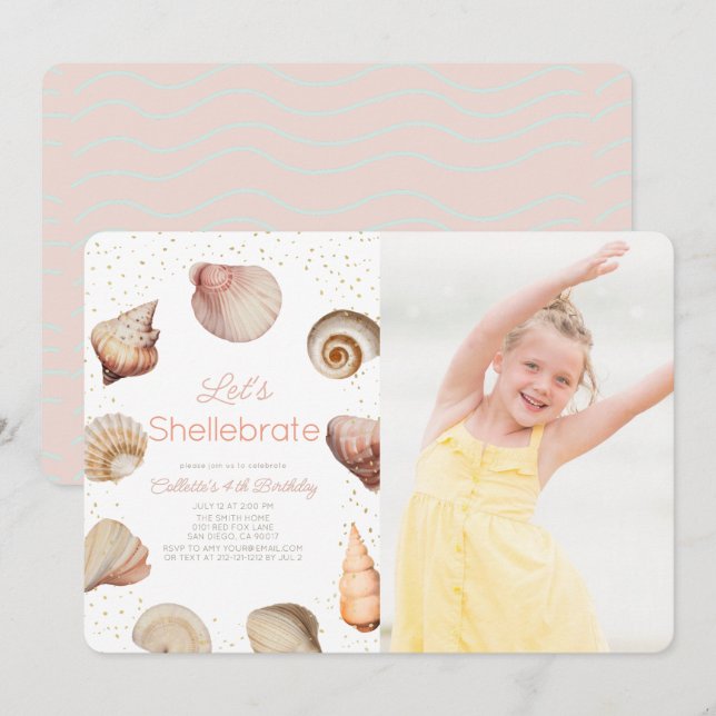 Shellebrate Seashell Realistic Birthday Photo Invitation (Front/Back)