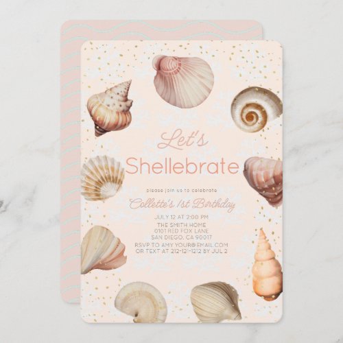 Shellebrate Seashell Realistic Pink 1st Birthday Invitation