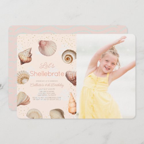 Shellebrate Seashell Realistic Pink Birthday Photo Invitation