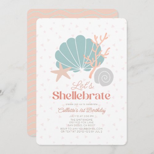 Shellebrate Seashell Retro Pink 1st Birthday Invitation