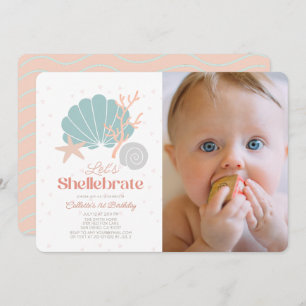 Shellebrate Seashell Retro Pink Photo 1st Birthday Invitation