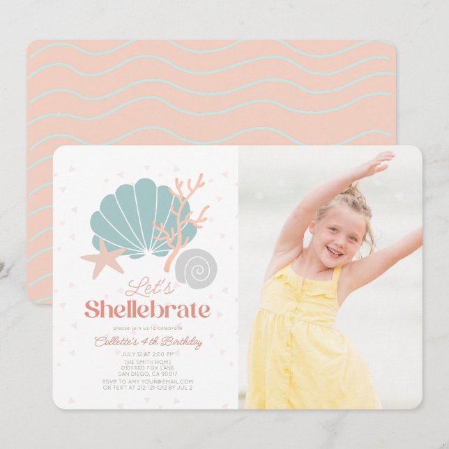 Shellebrate Seashell Retro Pink Photo Birthday Invitation (Front/Back)