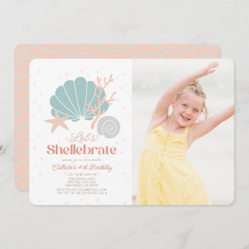 Shellebrate Seashell Retro Pink Photo Birthday Invitation