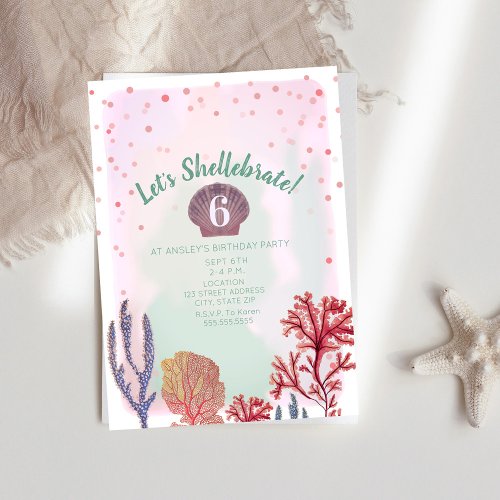 Shellebrate Watercolor Confetti Coral Birthday Invitation