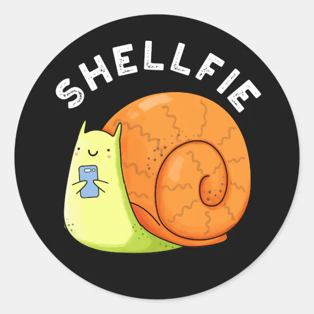 Shell Funnie Shellfie Funny Snail Selfie Pun Dark BG Classic Round Sticker | Zazzle