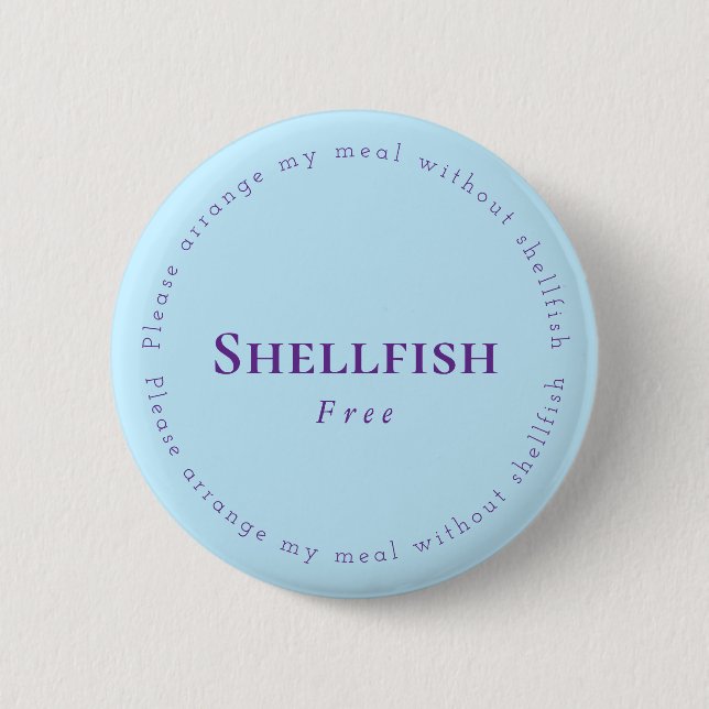 Shellfish Free Request Badge, Light blue, Purple Button (Front)