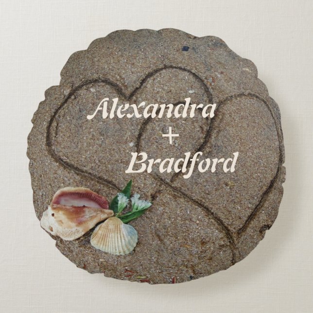 shells & 2 hearts on beach custom wedding pillow (Front)