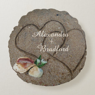 shells & 2 hearts on beach custom wedding pillow