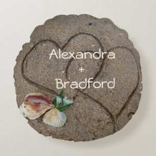 shells & 2 hearts on beach custom wedding pillow