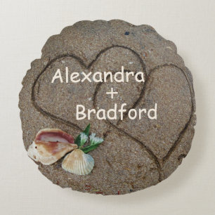 shells & 2 hearts on beach custom wedding pillow