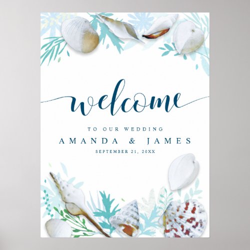 Shells and Calligraphy Blue Beach Wedding Welcome Poster
