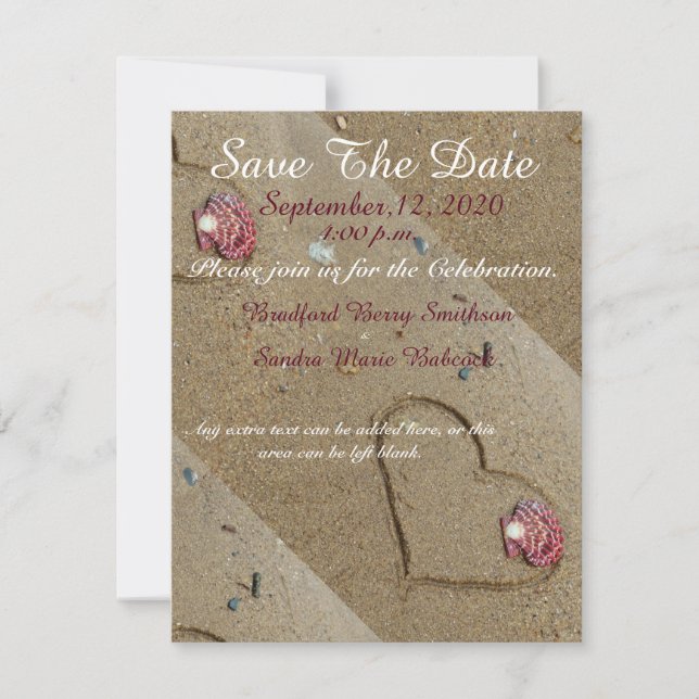 Shells and Heart in the sand  Save the Date invite (Front)