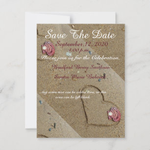 Shells and Heart in the sand Save the Date invite
