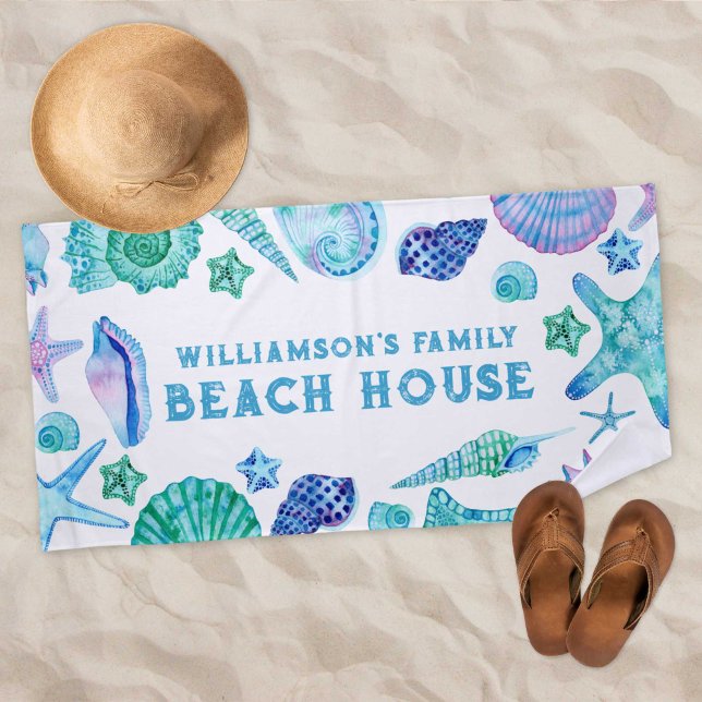 Shells and Starfish Family Beach House Watercolor Towel (Shells and Starfish Family Beach House Watercolor Beach Towel)