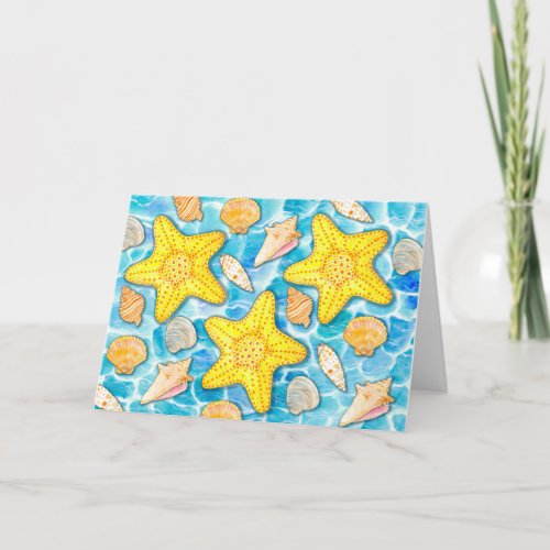 Shells and Starfish on Watercolor Ocean Background Thank You Card