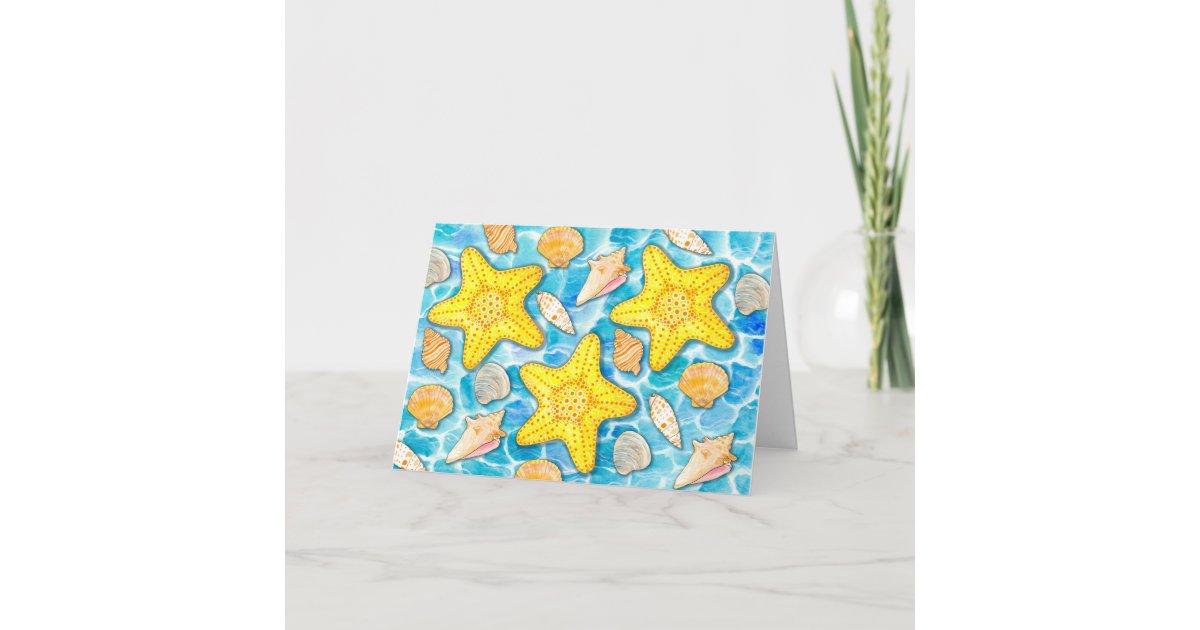 Shells and Starfish on Watercolor Ocean Background Thank You Card | Zazzle