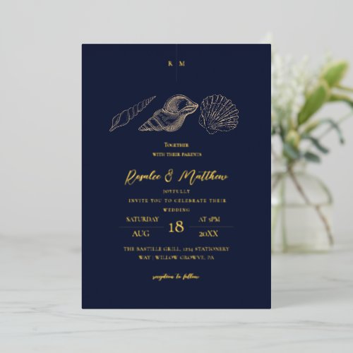 Shells Blue & Gold Coastal Wedding  Foil Invitation