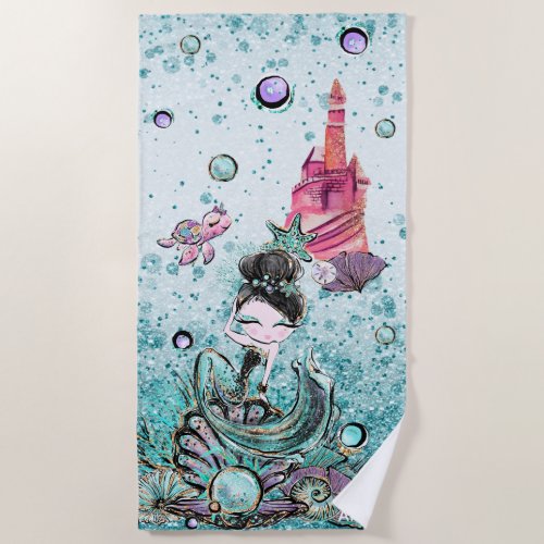  Shells Glitter Mermaid Sea Turtle Sand Castle  Beach Towel