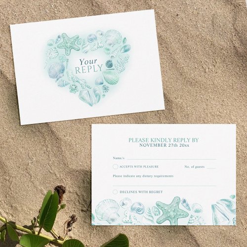 Shells heart art beach wedding watercolor aqua RSVP card