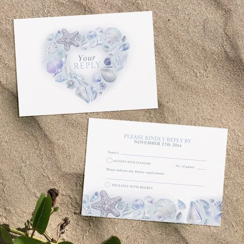 Shells heart art beach wedding watercolor blues RSVP card