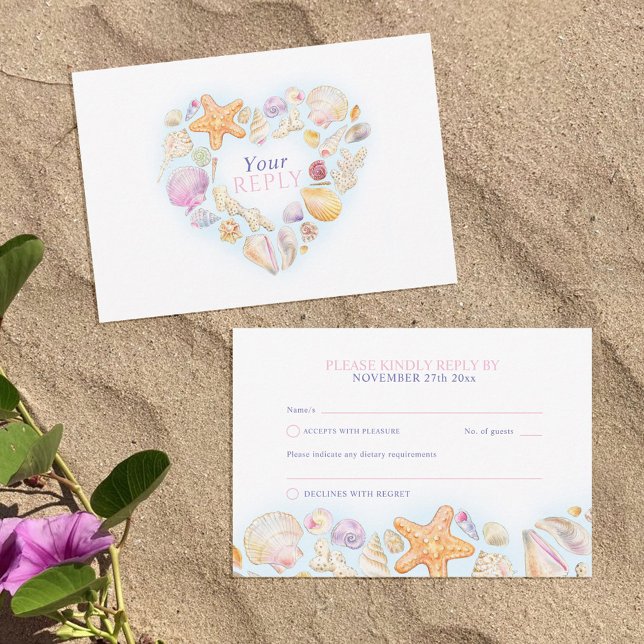 Shells heart art beach wedding watercolor RSVP card (Creator Uploaded)