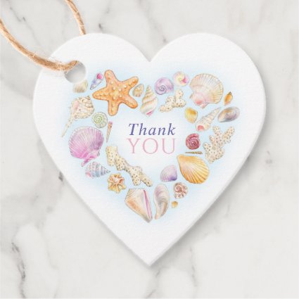 Shells heart art thank you beach wedding  favor tags