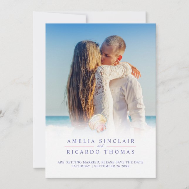 Shells heart art watercolor beach wedding save the date (Front)