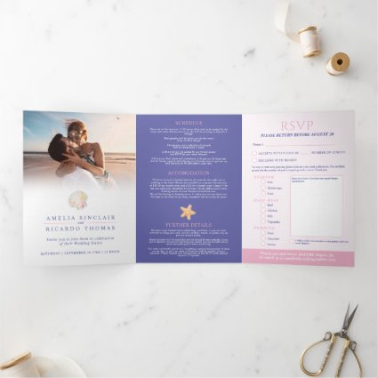 Shells heart art watercolor beach wedding Tri-Fold invitation