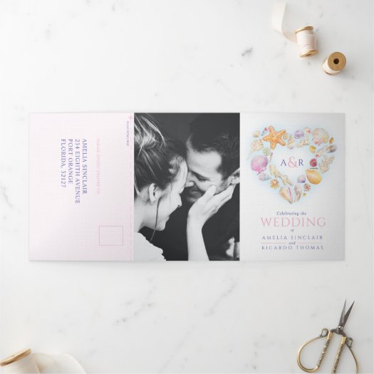 Shells heart art watercolor beach wedding Tri-Fold invitation