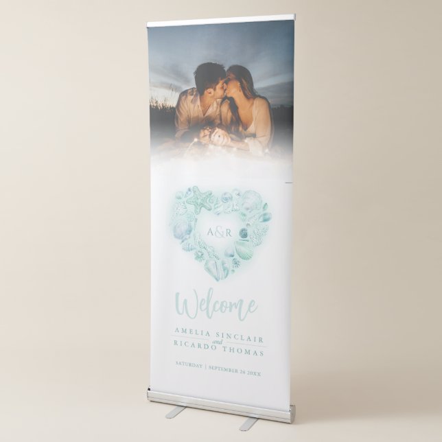 Shells heart watercolor aqua wedding photo retractable banner (3/4)